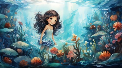 A young girl with long dark hair stands in an underwater scene with colorful coral and fish.