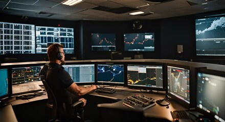 Wall Mural - Man checking monitors in a control room.