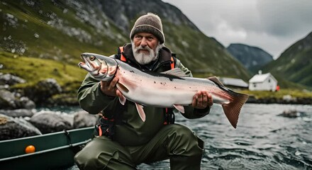 Wall Mural - Fisherman with a Norwegian salmon.