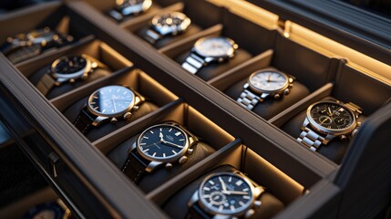 A luxury watch storage background featuring a high-end watch  drawer with various compartments each holding a prestigious watch, under soft accent lighting.