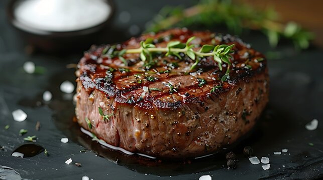 A close-up shot of a filet mignon garnished with fresh thyme and coarse sea salt, highlighting its tender, juicy texture and elegant sear, set on a dark slate plate for contrast