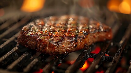 Wall Mural - A close-up shot of a flat iron steak sizzling on a grill, with flames and smoke adding a dramatic effect, emphasizing the marbled fat and juicy, tender texture, complemented by distinct grill marks.