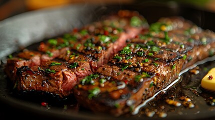 Wall Mural - A close-up shot of a hanger steak on a cast iron skillet, with butter and herbs sizzling around it, highlighting the marbling, juicy texture, and a perfect sear, the skillet adding a rustic touch