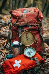 Sticker - High - quality photo of a backpack with a compass and a first aid kit