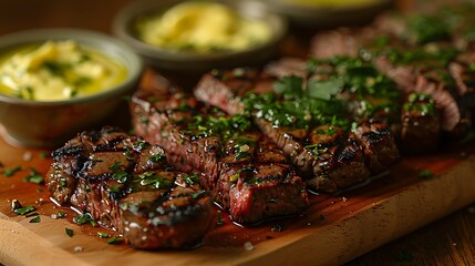 Wall Mural - A close-up shot of a hanger steak topped with a compound butter and fresh herbs, highlighting the marbling and juicy, tender texture, the butter melting over the steak creating a mouth-watering effect