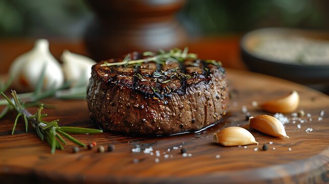 A close-up shot of a perfectly cooked filet mignon, highlighting its tender, juicy texture and slight char on the edges, served on a wooden board with fresh rosemary and garlic cloves
