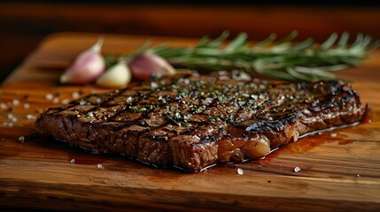 Sticker - A close-up shot of a perfectly grilled flat iron steak, showcasing its rich marbling and tender texture, served on a wooden board with fresh rosemary and garlic cloves, emphasizing the juicy