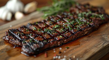 Wall Mural - A close-up shot of a perfectly grilled skirt steak, showcasing its rich marbling and fibrous texture, with distinct grill marks, served on a wooden board with fresh rosemary and garlic cloves
