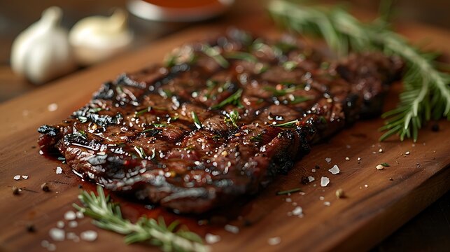 A close-up shot of a perfectly grilled skirt steak, showcasing its rich marbling and fibrous texture, with distinct grill marks, served on a wooden board with fresh rosemary and garlic cloves