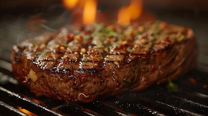 Wall Mural - A close-up shot of a porterhouse steak sizzling on a grill, with flames and smoke adding a dramatic effect, emphasizing the marbled fat and juicy, tender texture, complemented by distinct grill marks.