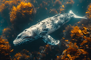 Wall Mural - Large white whale among coral reefs and brown algae in clear blue water. Concept of marine life and ocean biodiversity. World Whale and Dolphin Day