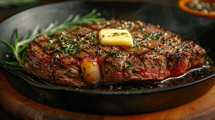 Wall Mural - A close-up shot of a ribeye steak on a cast iron skillet, with butter and herbs sizzling around it, highlighting the marbling, juicy texture, and a perfect sear, the skillet adding a rustic touch.
