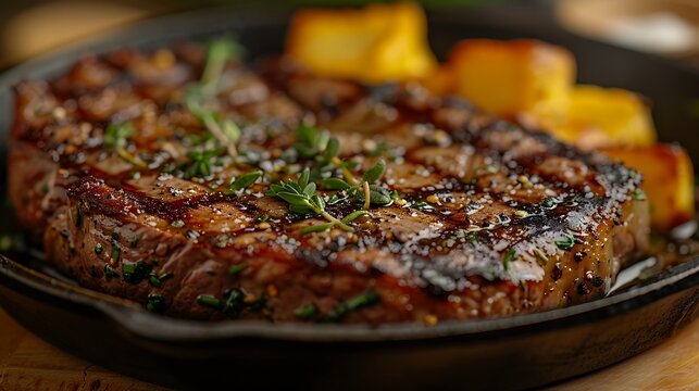 A close-up shot of a ribeye steak on a cast iron skillet, with butter and herbs sizzling around it, highlighting the marbling, juicy texture, and a perfect sear, the skillet adding a rustic touch.