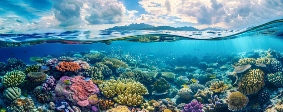 Underwater background with a vibrant coral atoll surrounded by azure waters.