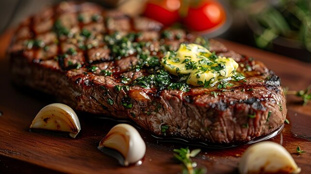 A close-up shot of a ribeye steak resting after cooking, with herb butter melting on top, accentuating the marbling and the juicy, tender texture, surrounded by fresh thyme and garlic cloves
