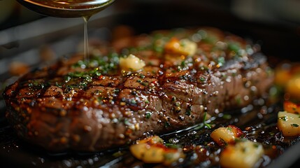 Poster - A close-up shot of a sirloin steak being basted with garlic and herb-infused butter, showing the lean, juicy texture, the basting spoon in mid-action adding a dynamic element. 