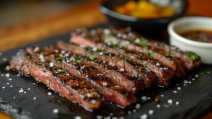 Sticker - A close-up shot of a skirt steak garnished with coarse sea salt and cracked black pepper, highlighting the fibrous texture and rich flavor, set on a dark slate plate for contrast.