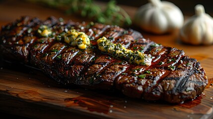 Wall Mural - A close-up shot of a skirt steak resting after cooking, with herb butter melting on top, accentuating the fibrous texture and rich flavor, surrounded by fresh thyme and garlic cloves.