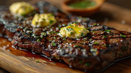 Poster - A close-up shot of a skirt steak topped with a compound butter and fresh herbs, highlighting the fibrous texture and rich flavor, the butter melting over the steak creating a mouth-watering effect.