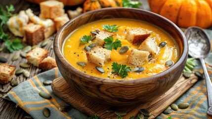 Pumpkin Soup with pumpkin seeds croutons and parsley on wooden background Comforting autumn dish