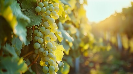 Canvas Print - a bunch of grapes hanging from a vine in a vineyard at sunset