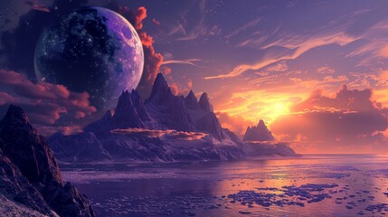 a painting of a planet in the sky with mountains and a body of water below it with a sunset..
