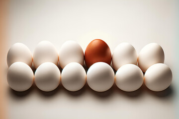 Row of white eggs with one brown egg on light background, national minority concept