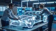 © HY - Automotive Engineers Reviewing Car Design with Digital Hologram in High-Tech Lab