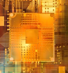 Wall Mural - Close-up of a Gold-colored Microchip on a Circuit Board