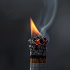 Wall Mural - close-up of burning cigarette with glowing ember and smoke against dark background