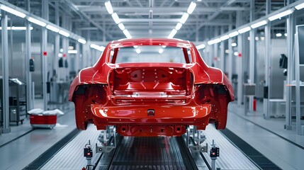 Wall Mural - Red classic car body on assembly line in modern automotive production plant