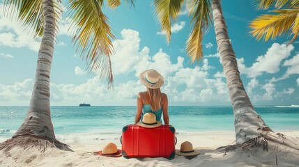 Wall Mural - a woman relaxes on the beach with a red suitcase and two straw hats, enjoying the peaceful ambiance 
