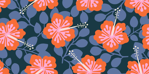 Hand drawn tropical flowers, seamless patterns with floral for fabric, textiles, clothing, wallpaper, cover, banner, interior decor, abstract backgrounds. vector illustration.