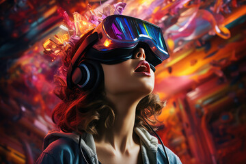 Sticker - generated illustration of Young woman with a MR headset and experiencing virtual reality