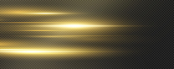 Set of realistic vector gold stars png. Set of vector suns png. Gold flares with highlights. Horizontal light lines, laser, flash. Bright magikal light effect with rays and many glares of light.