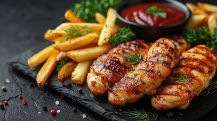 Wall Mural - Grilled Chicken Breast with French Fries and Ketchup