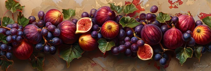 Wall Mural - A vibrant arrangement of grapes and figs with leaves on a rustic background, showcasing the rich colors and textures of the fruits. Banner with copy space