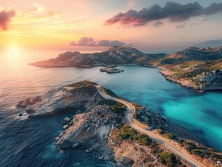 Wall Mural - Scenic coastal road winding along turquoise water at sunset