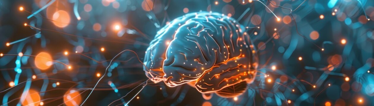 Human brain with neuralink chip amidst a network 