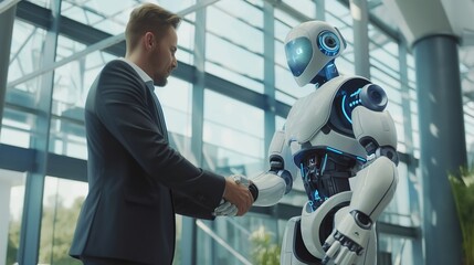 Ai Robot and businessman shaking hands in office , business development concept