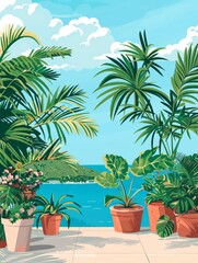 A sunny view of a terrace with tropical plants in terracotta pots overlooking a blue ocean