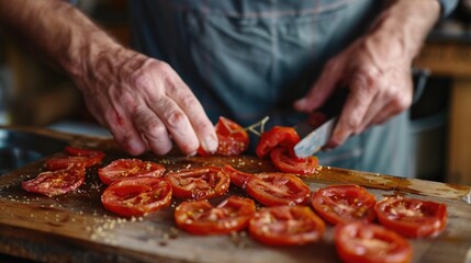 A close-up shot of someone cutting tomatoes on a wooden cutting board