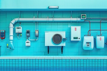 Wall Mural - A photo of a blue tiled wall with various pipes and water heaters installed
