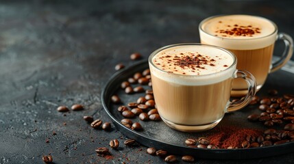 Cup of coffee with milk on a dark hot cappuccino in a glass cups, coffee beans are near cups on the tray.	
