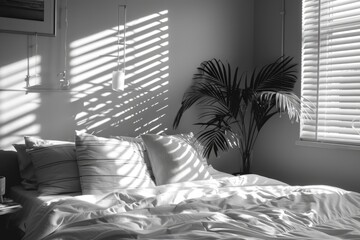 Wall Mural - A cozy bed with white sheets and pillows in a bedroom setting