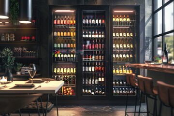 Wall Mural - A large display case filled with various bottles of wine, suitable for use in commercial settings or as a decorative piece