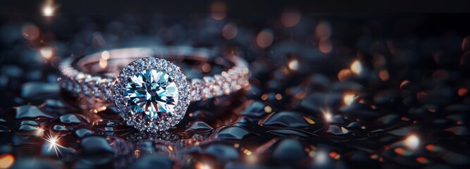 Sparkling Diamond Engagement Ring Close-up. A close-up of a sparkling diamond engagement ring with intricate details and reflections, set against a dark, blurred background. Banner with copy space