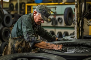 Canvas Print - A person working on a car tire in a well-lit garage, suitable for use in automotive or DIY contexts