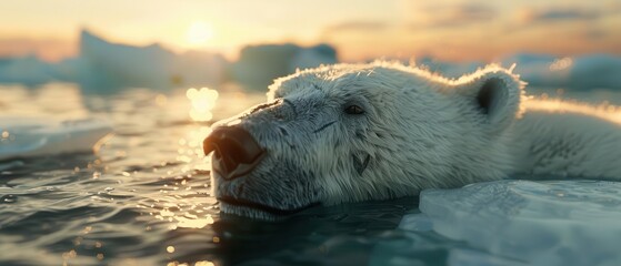 a polar bear on a melting ice floe, distressed look, setting sun in the background