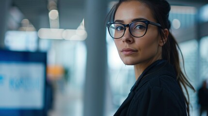 Wall Mural - A Businesswoman In Glasses Standing Near A Display, Exuding Confidence And Knowledge